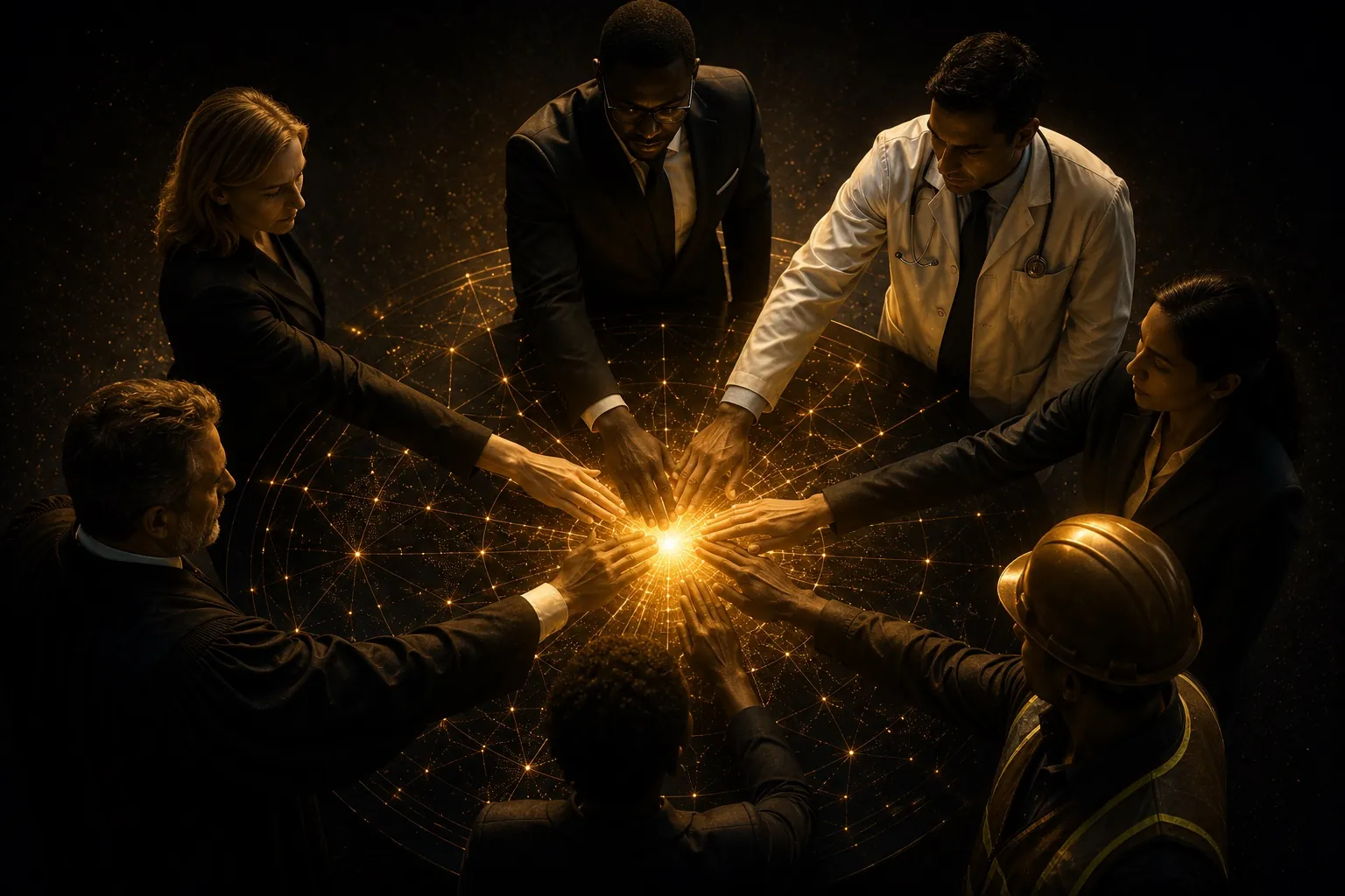 Two organisations exchanging a document, warm cinematic lighting — Kweli Art Book